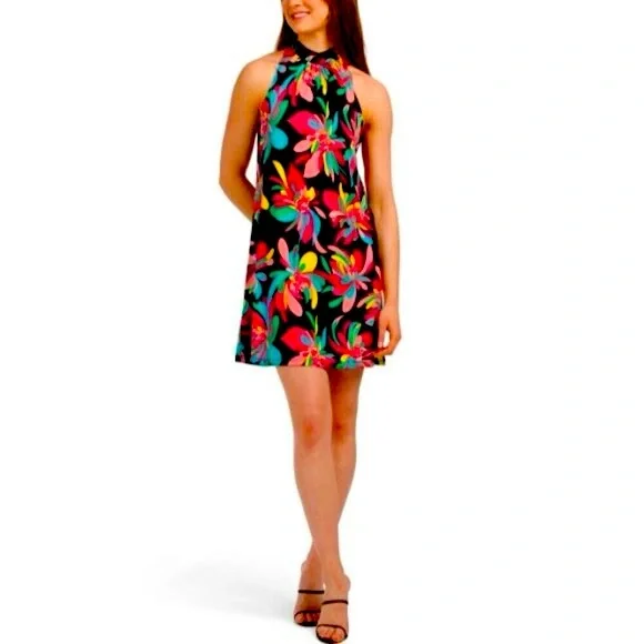 Trina Turk Multicolor Floral Print Halter Mini Dress Size L - Picture 1 of 7